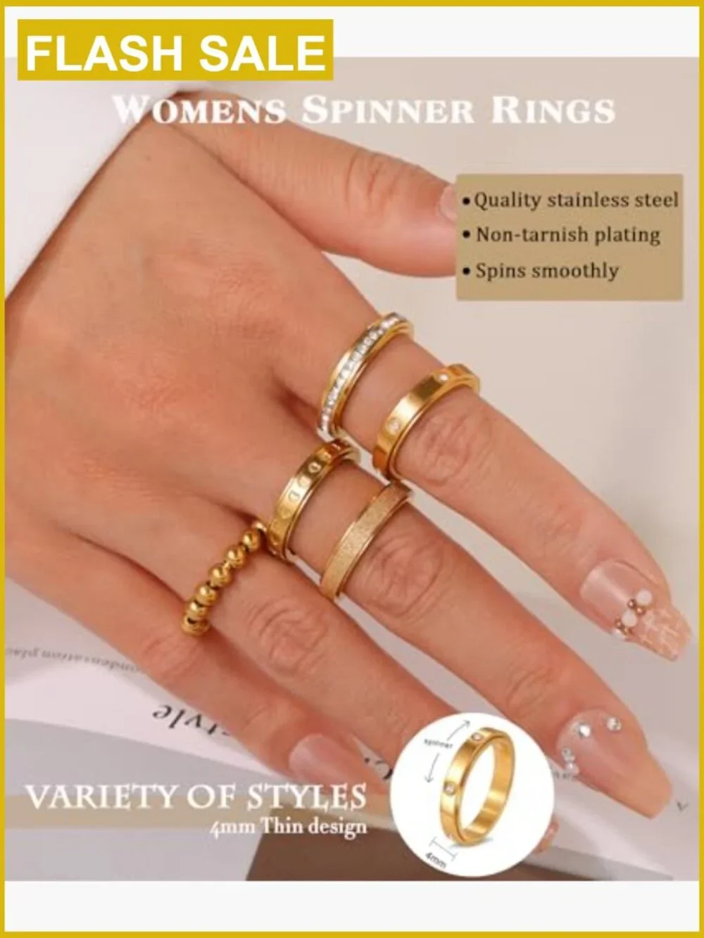 6 Pcs Fidget Spinner Rings Set Stainless Steel Gold Stackable Anxiety Relief